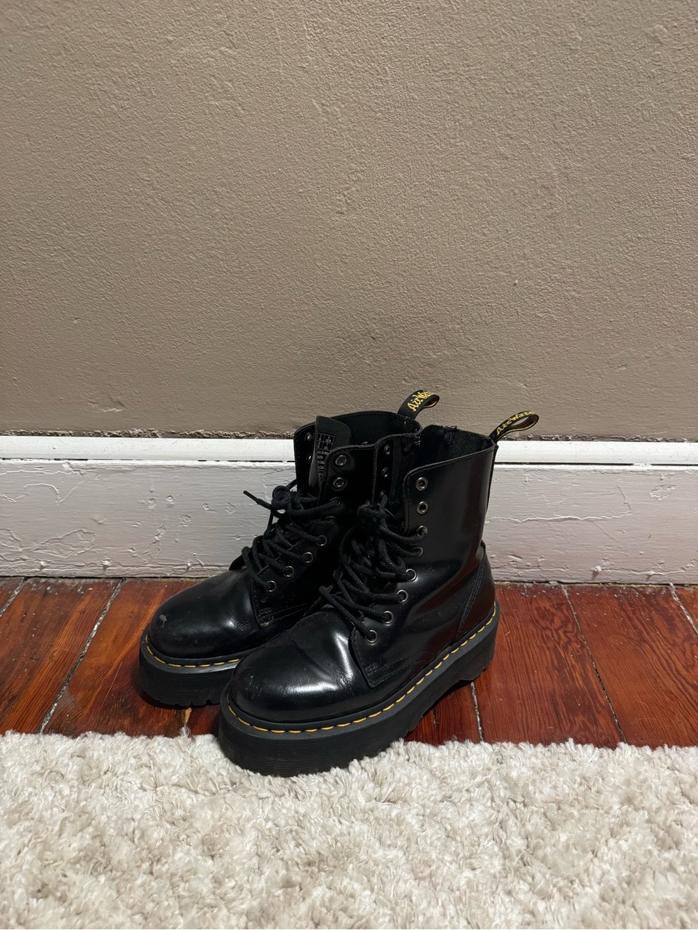 Dr. Martens Black Platform Combat Boots with Yellow Stitching